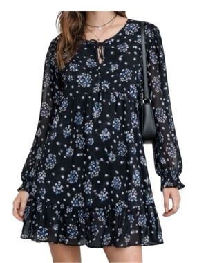 Urban Outfitters Y2K Babydoll Drop Waist Black Floral Dress Size L